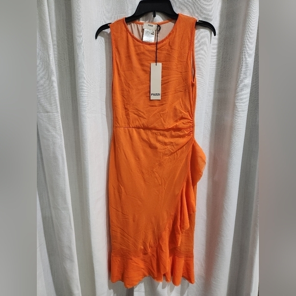 NWT Fuzzi Ruffle Mesh midi Dress in Minio Orange L - Picture 2 of 3
